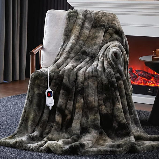 Guohaoi Heated Blanket Electric Throw, Soft Faux Rabbit Fur Electric Blanket with 10 Heating Levels 5 Sitting Timer Auto Off, Cozy Warm Heating Blankets, Machine Washable(72"×84" Dark Grey)