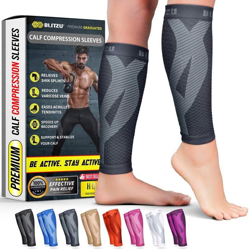 BLITZU Calf Compression Sleeves for Men and Women. Footless Compression Socks Support for Varicose Vein, Nursing, Running. Leg Sleeve Brace for Shin Splints, Pain Relief & Reduces Swelling Gray S-M