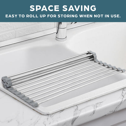 Zulay Kitchen 17.5” x 12” Roll Up Dish Drying Rack - Stainless Steel Over Sink Dish Drying Rack - Multipurpose Foldable Sink Rack for Kitchen Counter - Non-Slip, Heavy-Duty Drying Rack (Gray)