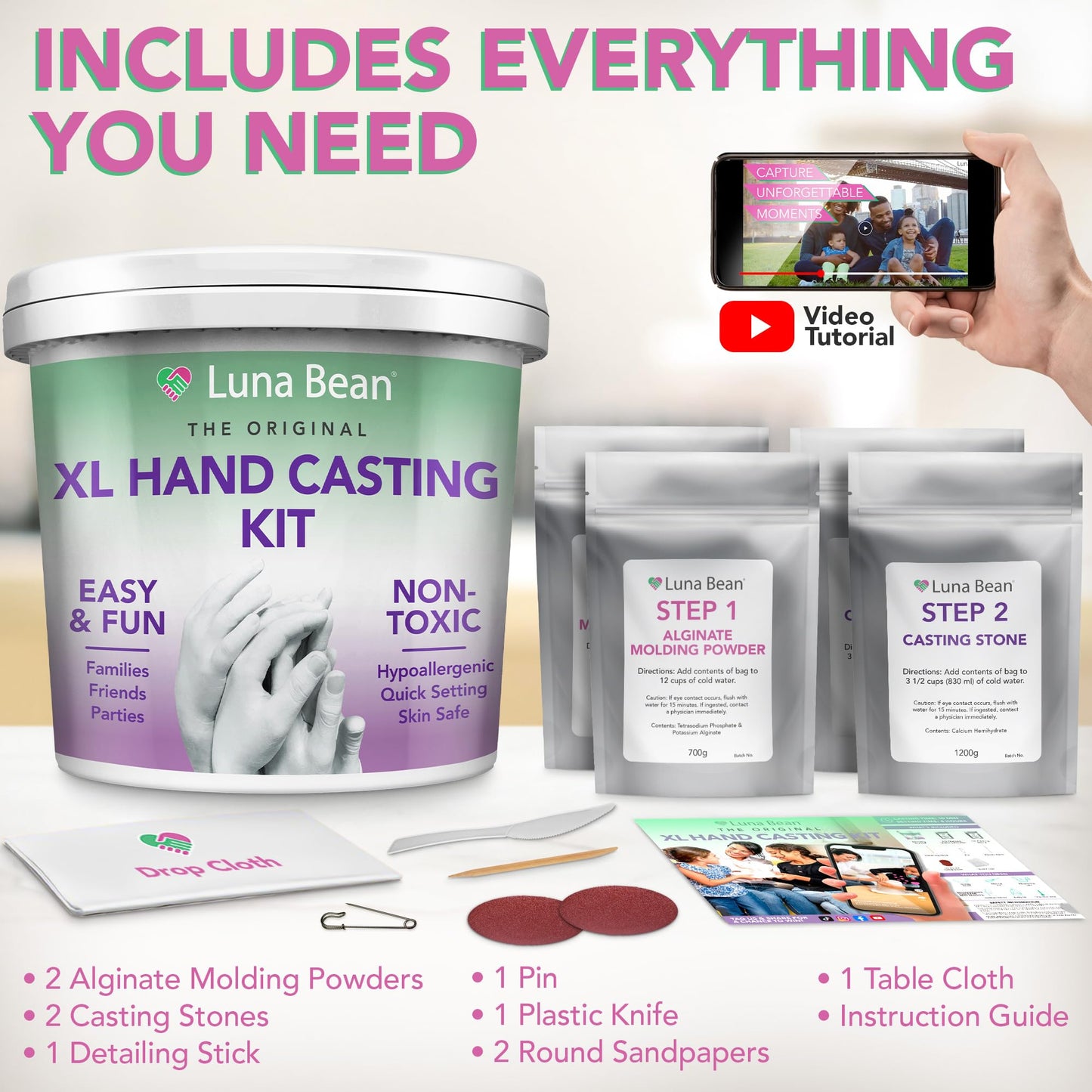 Luna Bean Hand Casting Kit – The Original Hand Mold Kit for Couples – Valentines Day Gifts for Her and Him - Anniversary Engagement Gifts for Women Men Mom Wife Boyfriend Girlfriend Wedding Bridal