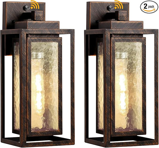 Dusk to Dawn Outdoor Wall Lantern, Water Ripple Exterior Porch Light Fixture Black Gold, 2 Pack Sensor Outside Lantern Lamp, Porch Mount Lamp for Doorway, Waterproof Wall Sconce Light (Bulb Included)