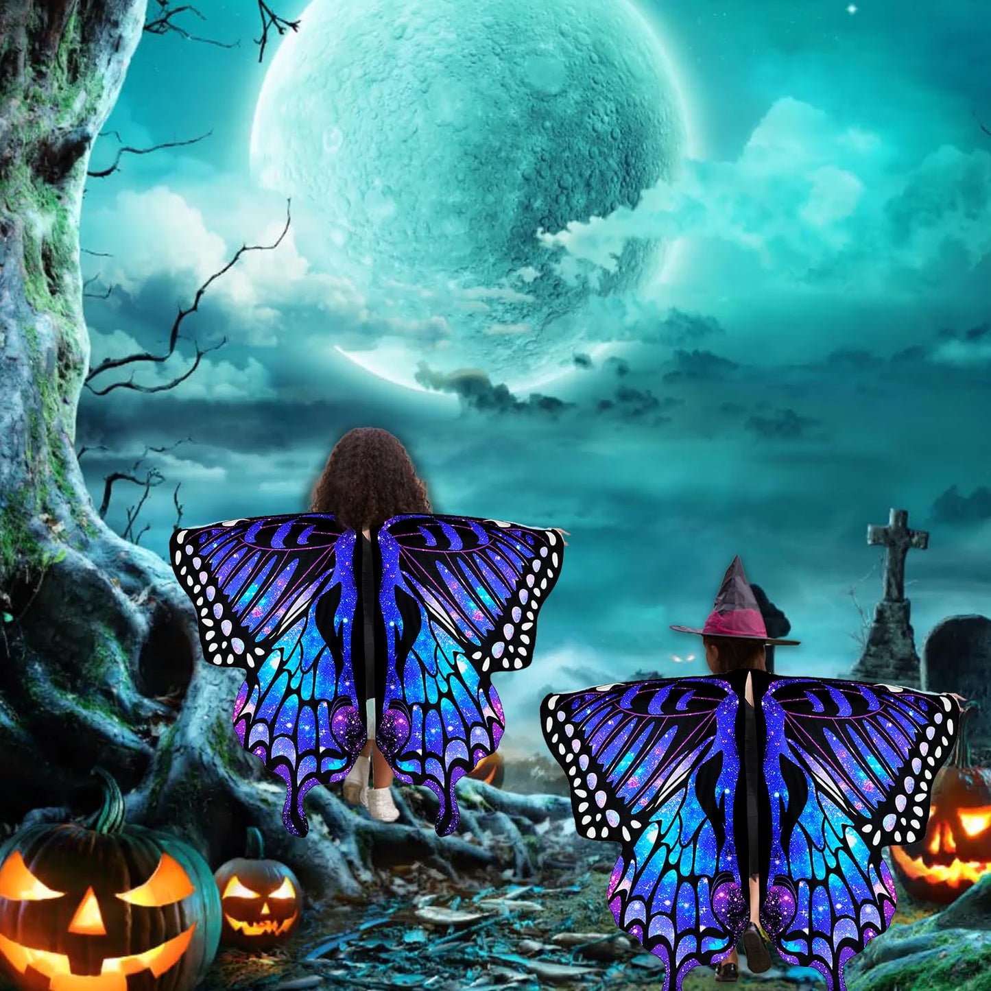 RekTak Butterfly Wings for Girls, Butterfly Costume for Halloween Party Kids Fairy Wing with Mask and Headband(Blue)