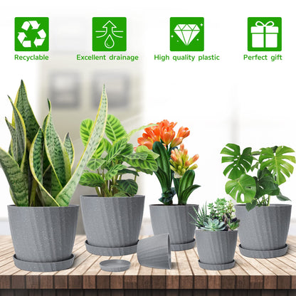 Plant Pots Indoor, 6Pack Plastic Plant Pots 19/17.5/16.5/15.5/14/11.5cm, Flower Pots Outdoor Self Watering Indoor Plant Pot with Drainage Holes and Tray, Plastic Planter for Garden House Plants(Grey)