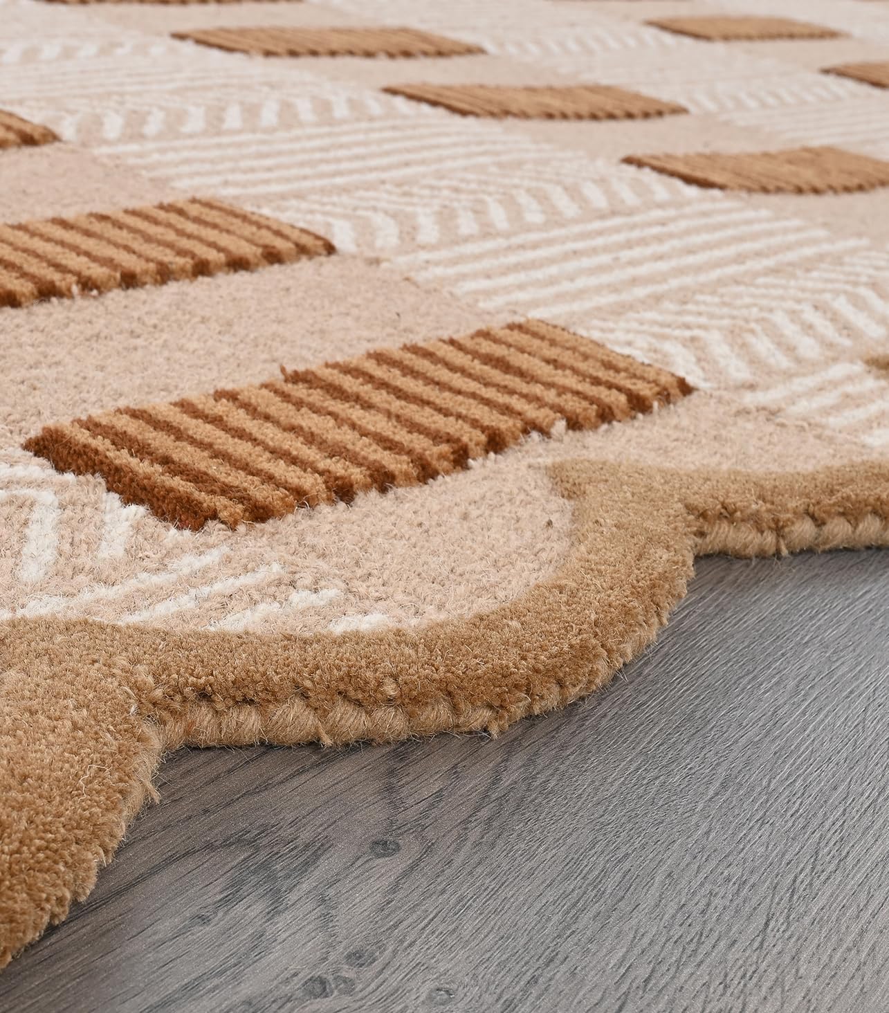 Handmade Scalloped Wool Area Rug - Modern Geometric Pattern, Green-Beige Stripes, Checkered Chevron Design - Soft, Durable Thick Carpet for Living Room, Bedroom, Dining Room (Light Brown, 4' x 6')