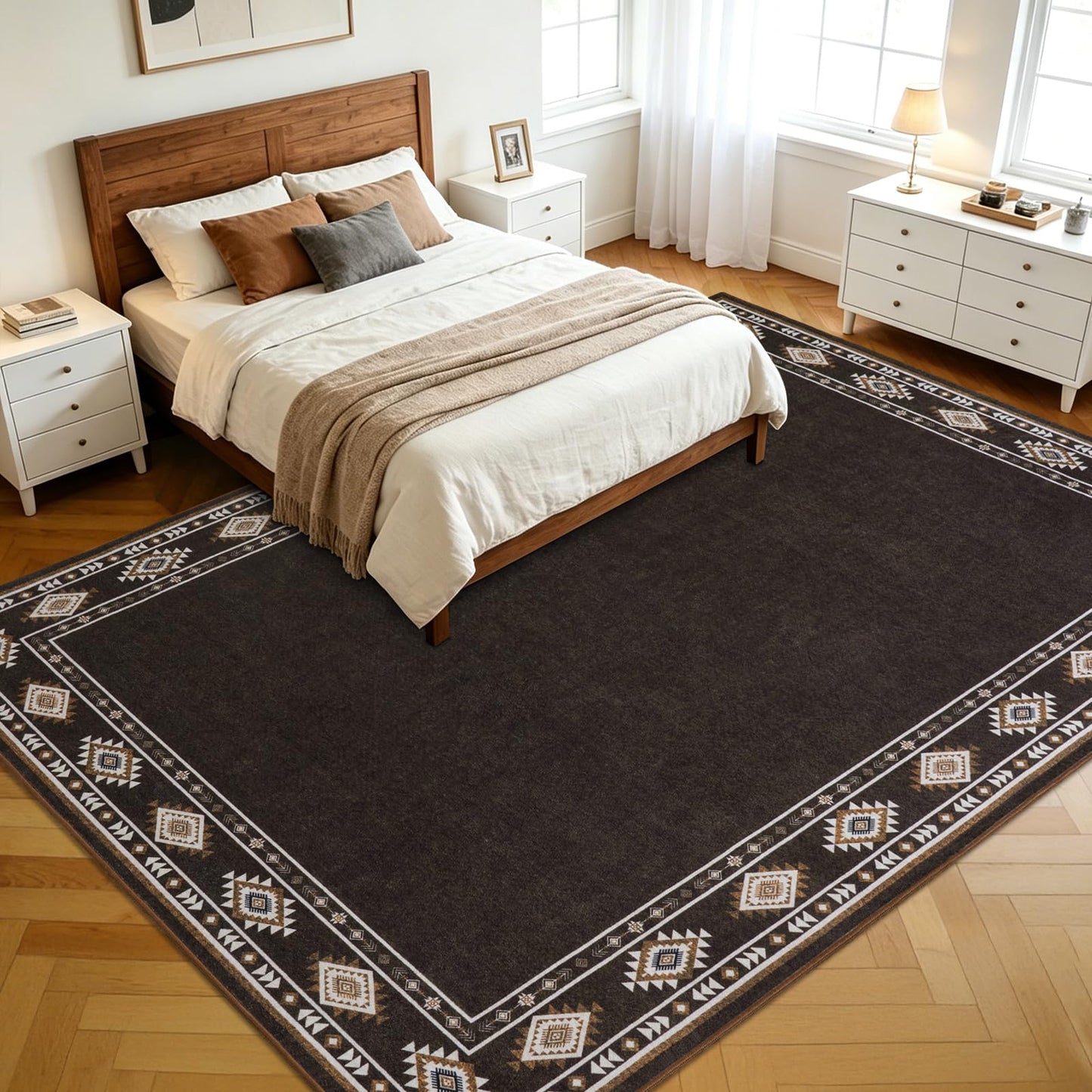 QDUIDU Large Area Rug for Bedroom Living Room, 5x7 Feet Ultra Soft Brown Rugs Washable Modern Geometric Bordered Non Slip Low Pile Carpets Home Decor