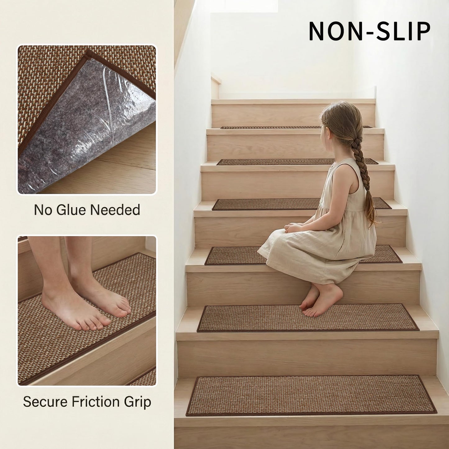 RULDGEE Stair Treads Non Slip for Wooden Steps Indoor 9"x30",15 Pack Stair Runner Peel and Stick Carpet Stair Treads for Kids and Dogs,Machine Washable,Brown