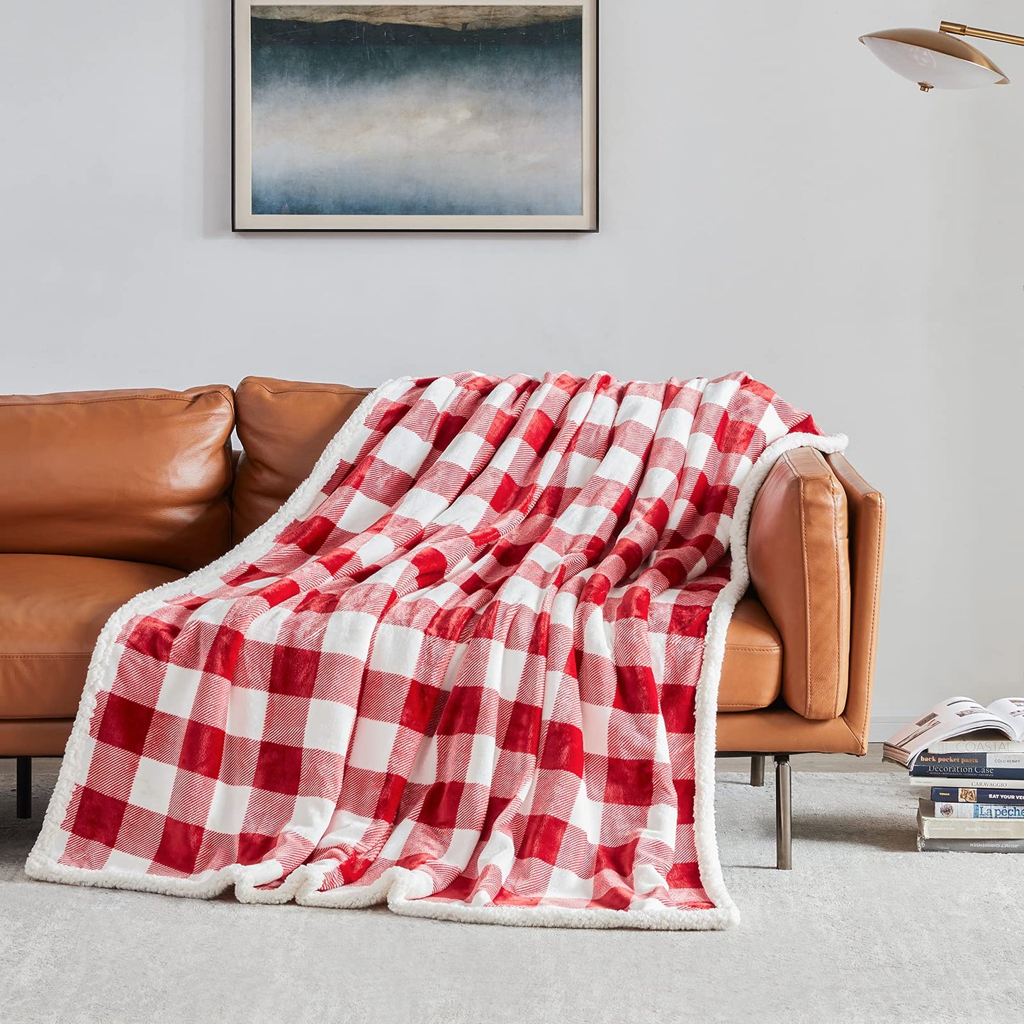 Touchat Sherpa Red and White Buffalo Plaid Christmas Twin Blanket 60" X 70", Fuzzy Fluffy Soft Cozy Blankets, Fleece Flannel Plush Microfiber Throw for Couch Bed Sofa (Red and White)
