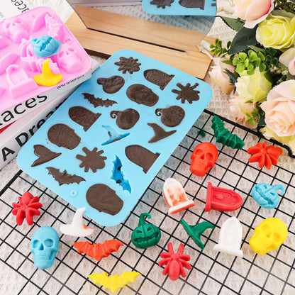 Halloween Silicone Chocolate Molds 5PCS Pumpkin Bat Skull Ghost Spider Shape Baking Molds Large Medium Small Cavity for Chocolate Jelly Soap Fondant Candy Candles Pastry Gummies Cake Decorating