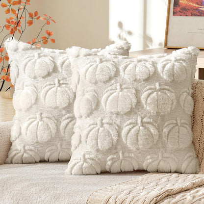MIULEE Fall Throw Pillow Covers 18x18 Set of 2 Autumn Decorations Beige Pumpkin Accent Pillowcase for Sofa Couch Porch Bed Living Room Soft Plush Faux Fur Halloween Farmhouse Home Decor