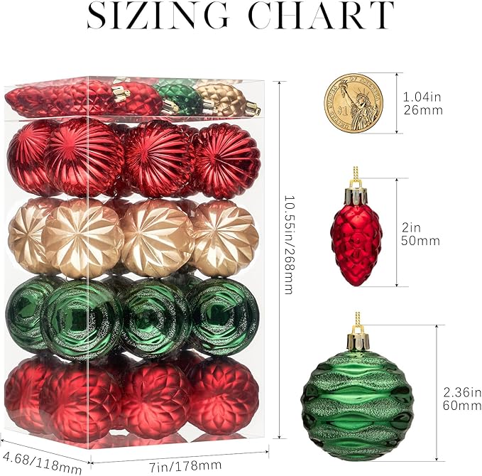 JORNOY Christmas Tree Ornaments - 2.36inch/60mm Shatterproof Ornaments for Christmas Tree Set Plastic Decorative Hanging Balls Ornaments for Xmas Tree Decorations, 40ct (Red & Green & Gold)