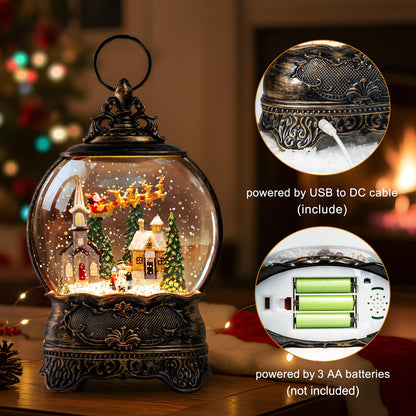 Christmas Snow Globes Lantern Snow Globe with Music Water Lantern Santa Flying Scene Elk Lighted Swirling Water Glitters Snowglobe Christmas Decoration