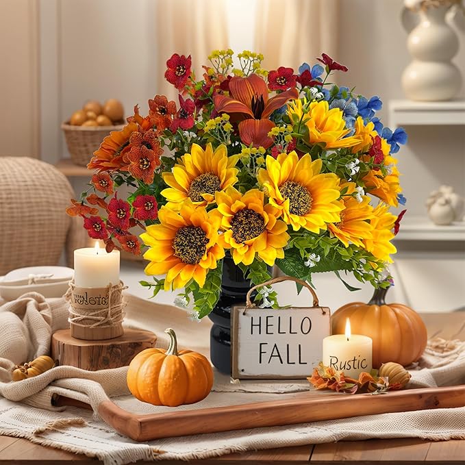 Fall Fake Flowers with Vase, Sunflowers Artificial Flowers, Faux Flowers in Vase for Centerpiece Table Decorations, Fake Plant Silk floral arrangements for Thanksgiving Home Coffee Kitchen Table Decor