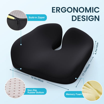 Benazcap Seat Cushion, Memory Foam Cushion for Office Chair - Ergonomic Chair Cushions for Tailbone Pain Relief, Sciatica & Back Support, Office Chair Cushion & Coccyx Cushion