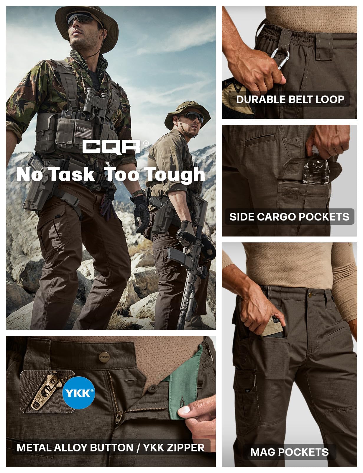 CQR Men's Tactical Pants, Water Resistant Ripstop Cargo Pants, Lightweight EDC Work Hiking Pants, Outdoor Apparel, Raider Dark Brown, 30W x 30L