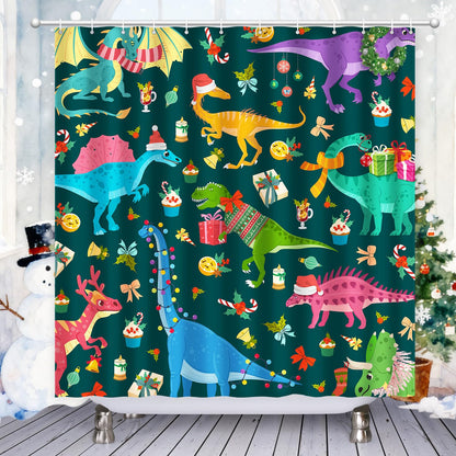 Shower Curtain Christmas, Kids Shower Curtain Santa's Hat Dinosaur Party Gift Box Cake Candy Jingling Bell String Light Xmas Theme Machine Washable Home Farmhouse Waterproof Decor Bathroom Curtain