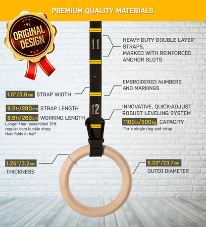 Double Circle Gymnastics Rings with Quick Adjust Numbered Straps and Exercise Videos Guide - Full Body Gym Rings - Calisthenics Rings Wooden Rings 1.25"