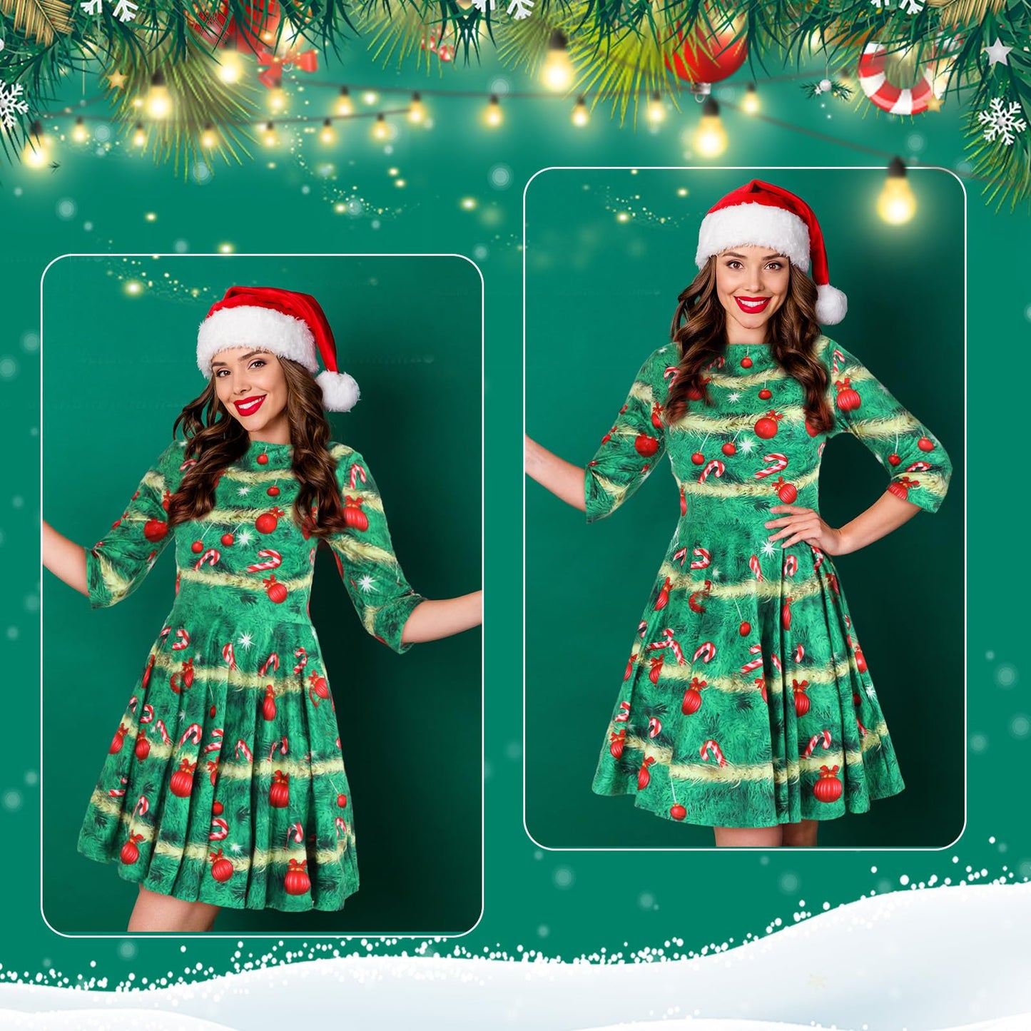 Hillban 3 Pcs Christmas Elf Costume Set Women Short Sleeve Christmas Dress Thigh High Socks Santa Hat (Candy Tree,Medium)