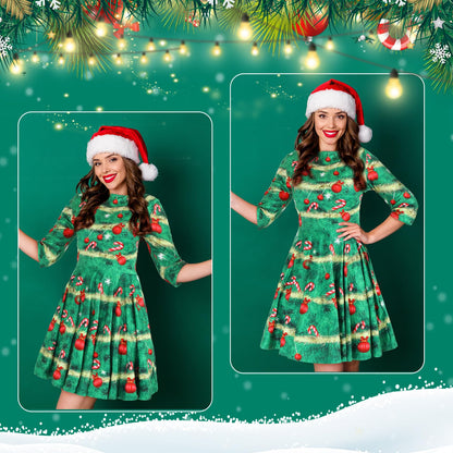 Hillban 3 Pcs Christmas Elf Costume Set Women Short Sleeve Christmas Dress Thigh High Socks Santa Hat (Candy Tree,Medium)