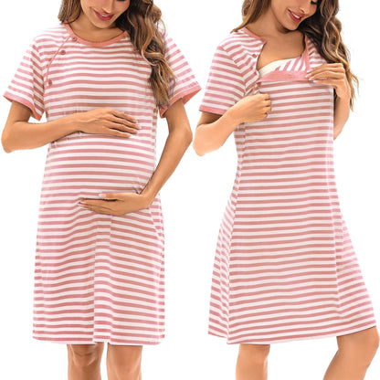 Sykooria Women's Maternity Nightdress Breastfeeding Nightwear Short Sleeve Nursing Nightgown Button Down Sleep Shirt V Neck Pajama Tops Soft Loungwear For Pregnant Women(Stripe Pink,M)