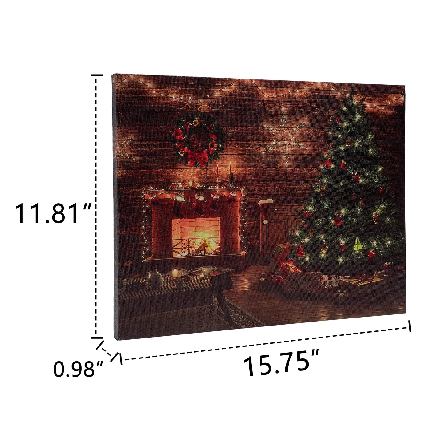 SOFFEE DESIGN 16'' x 12'' LED Christmas Canvas Prints Wall Art, Light Up Snowy Scene Picture for Holiday Decor, Battery Operated Painting Fireplace & Christmas Tree