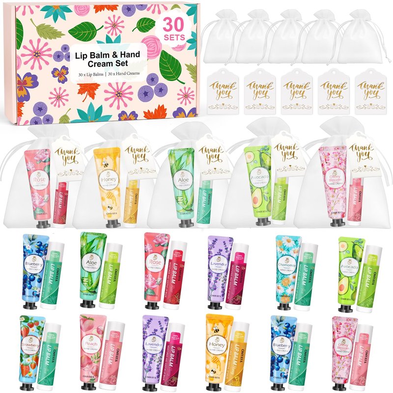 30 Sets Bulk Gifts For Women, Lip Balm Bulk and Hand Cream Gift Set with Organza Bags, Thank You Cards, Party Favors For Bridal Wedding, Baby Shower,Teacher Appreciation Gifts Bulk
