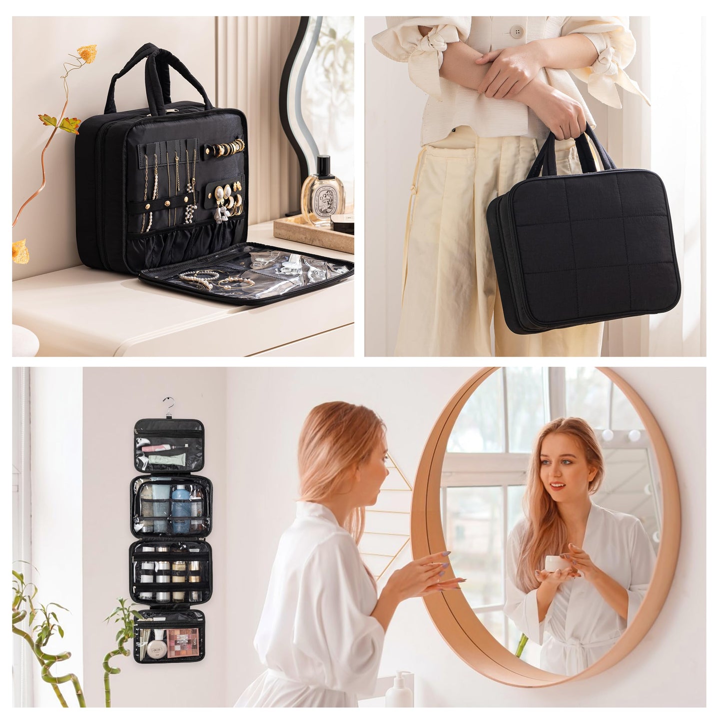 HBlife Travel Toiletry Bag with Jewelry Organizer for Women, Puffy Hanging Travel Bag for Toiletries with Trolley Belt, Waterproof Makeup Cosmetic Bag, Travel Accessories Essentials(Black, M)