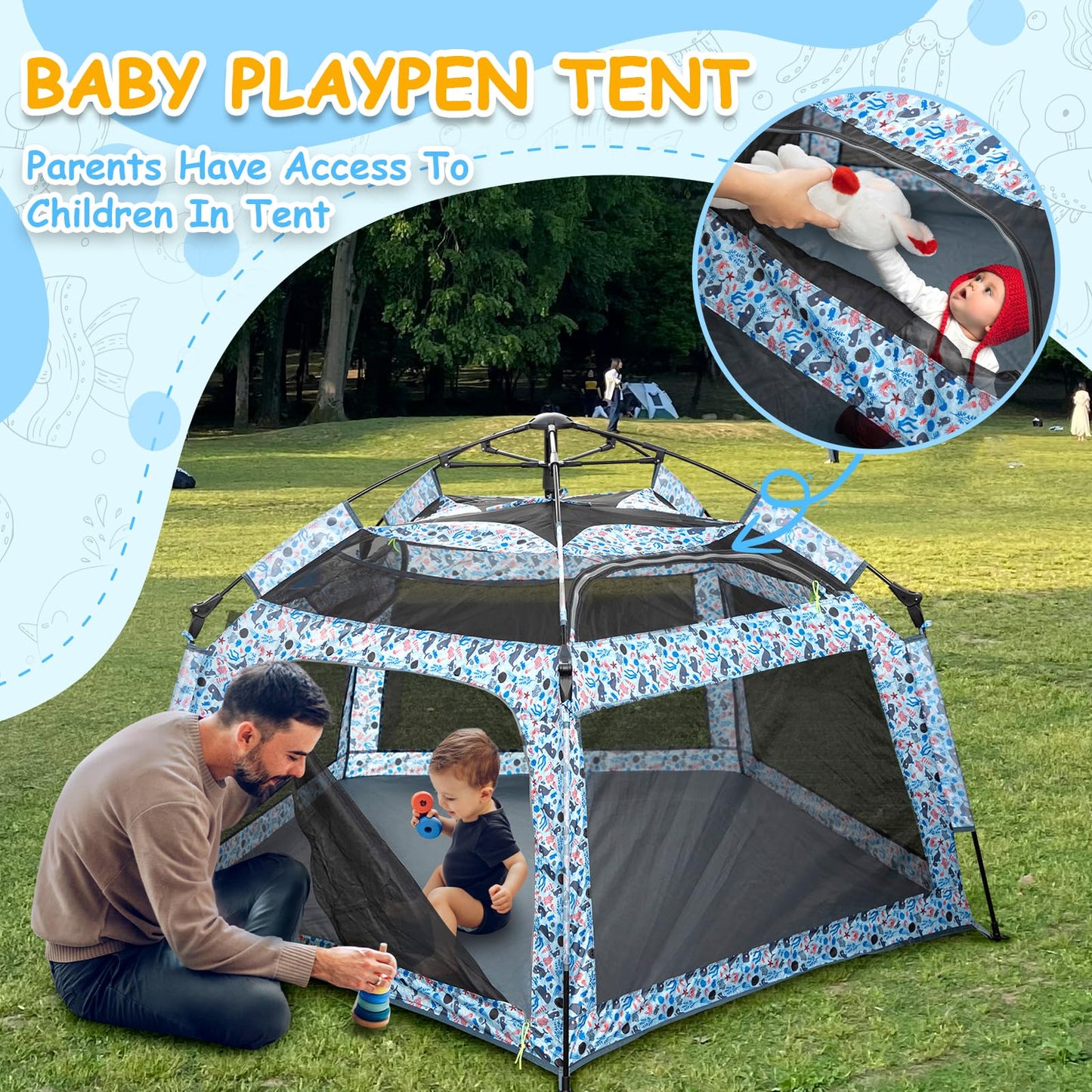 Funsland Baby Playpen Pop-up Tent - Outdoor & Indoor Play Tent for Beach with Canopy Travel Bag Portable Play Yard for Babies & Toddlers (Ocean)
