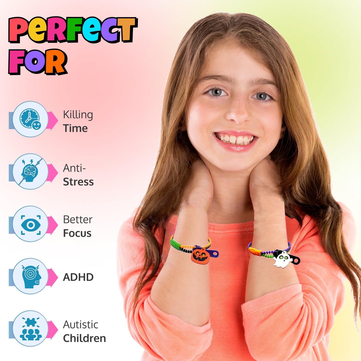 UpBrands 24-Pack Halloween Bracelets for Kids – Zipper Fidget Toys, Small Goodie Bag Stuffers, Party Favors, Trick-or-Treat Giveaways & Prizes