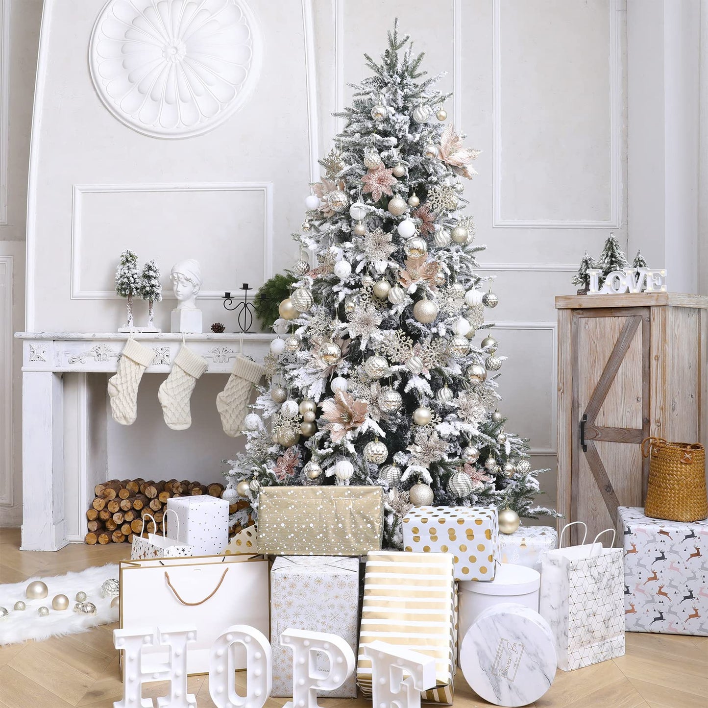 30PCS Christmas Glitter Snowflake Ornaments Plastic Snowflakes Ornaments-Xmas Tree Decorations,4.7-inch (Champagne Gold)