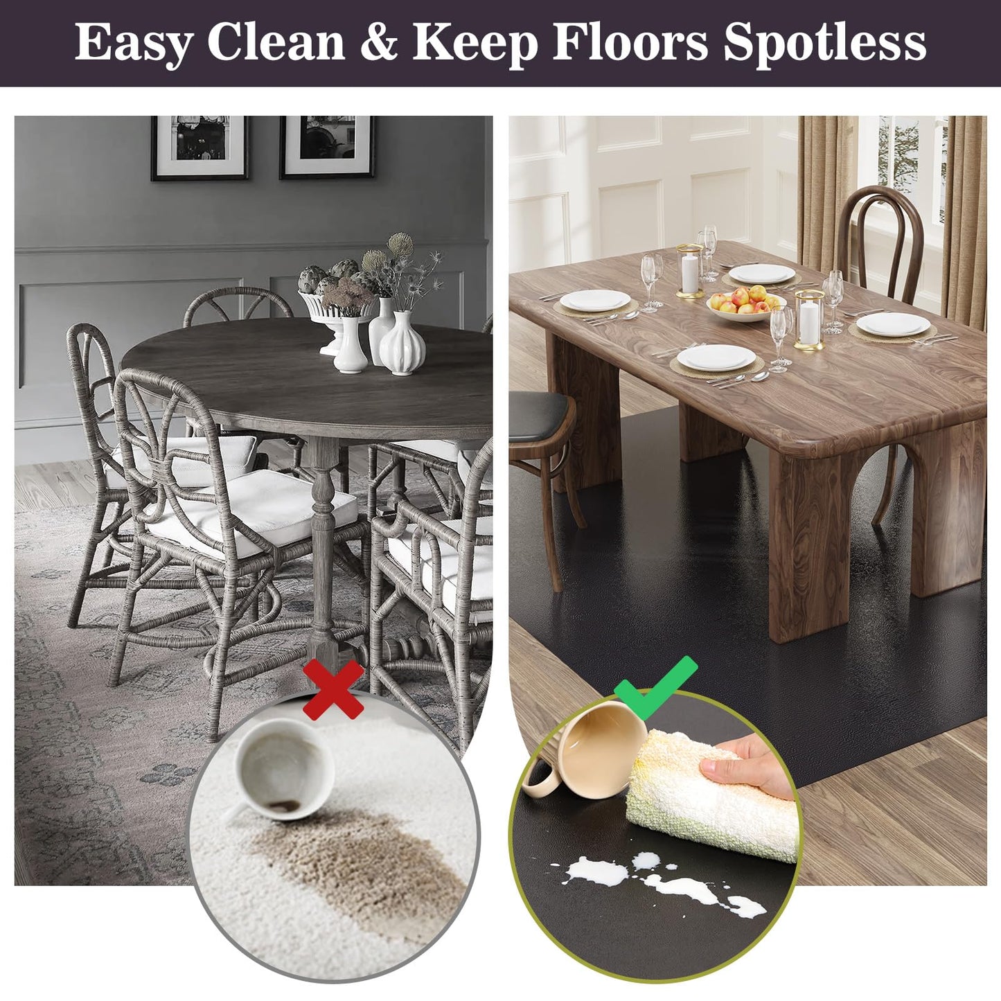 BelleCosy 5'×7' Black Floor Mat for Under Dining Room Table, No Scratch Durable Plastic Area Rug for Kitchen, Waterproof Easy Flat Floor Protector for High Traffic Area