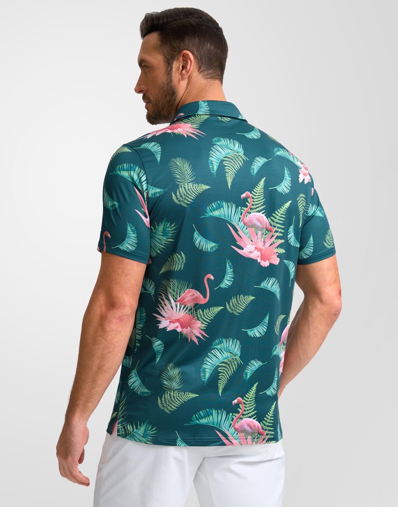 Obla Mens Golf Polo Shirts Short Sleeve Dry Fit Performance Moisture Wicking Casual Print Collared Golf Shirts for Men(Green Flamingo_XXL)