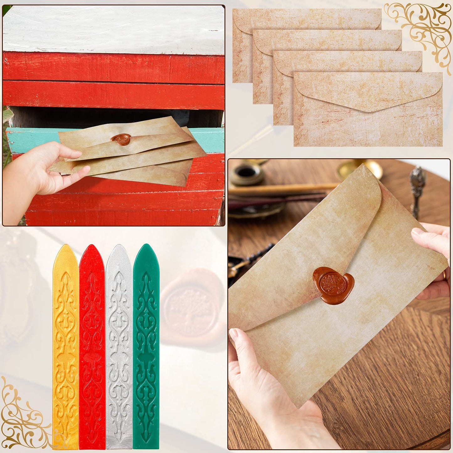 33 Pieces Vintage Paper and Envelopes Set, Including 12 Writing Stationery Paper Letter 12 Envelopes Sealing 6 Wax Sticks Seal Stamp Tea Candles and Wax Spoon for Stamp