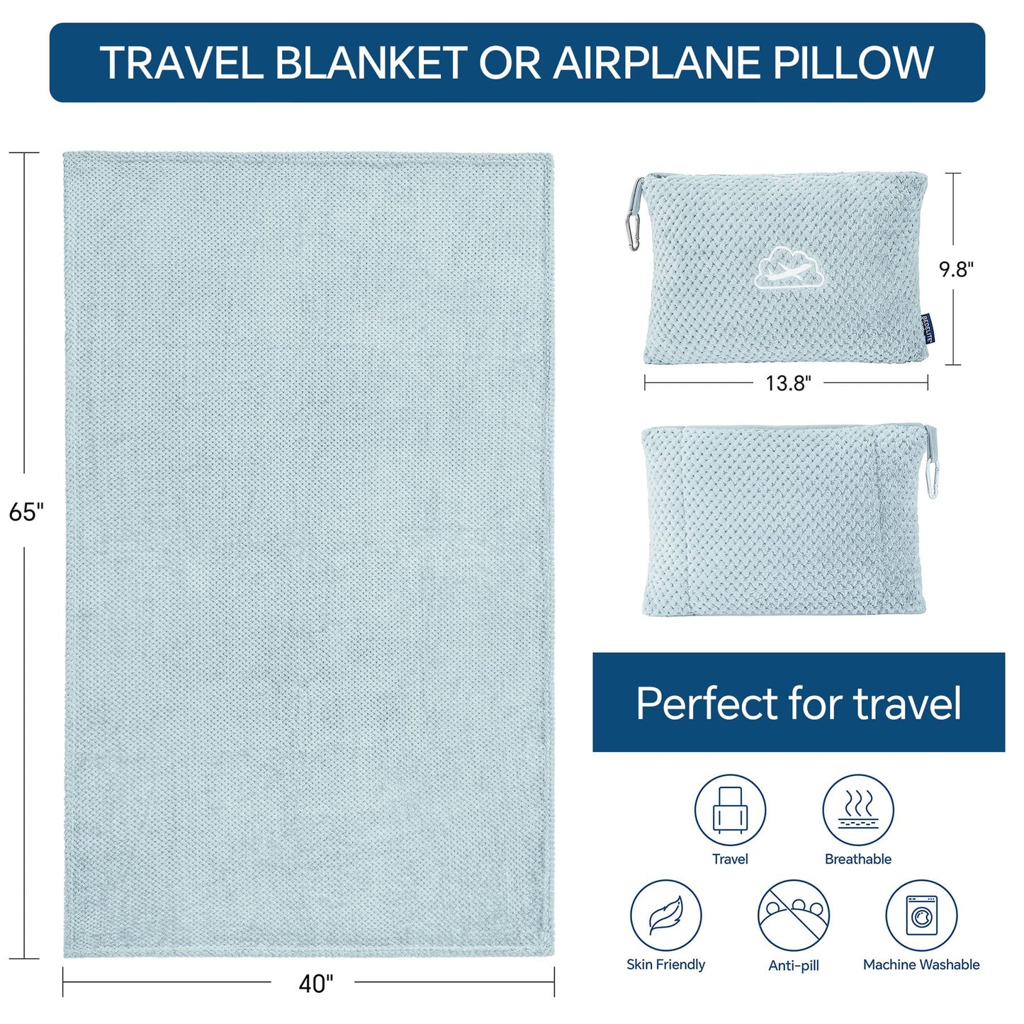 BEDELITE Travel Blanket and Pillow Set 2-in-1, Ultra-Soft Jacquard Fleece Blanket with Bag, Airplane Blanket with Luggage Sleeve & Backpack Clip Travel Essentials, Blue