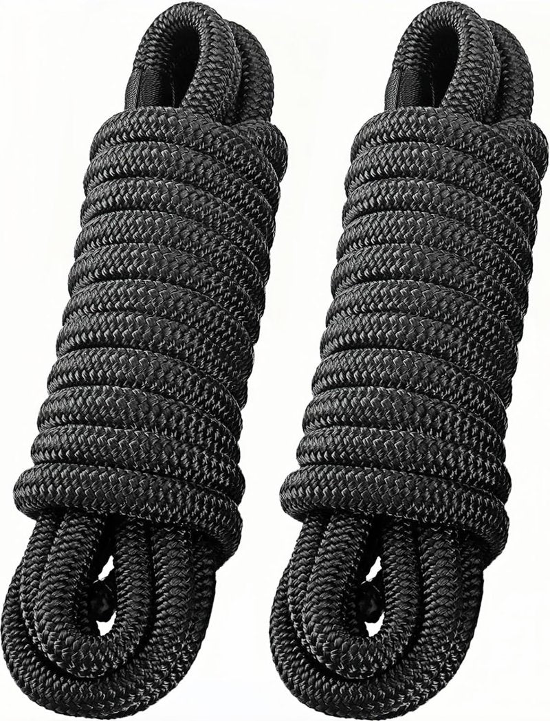 PACTHSD 2 Pack 3/4" x 25' Dock Lines - Marine Grade Nylon Boat Rope with 15" Loop for Docking and Mooring - Double Braided Boat Lines, High Strength, Easy Handling, Fray Resistant - Black
