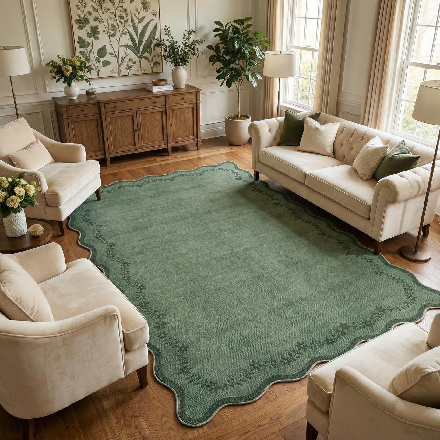GarveeHome 4x6 Green Scalloped Washable Area Rug for Nursery Room, Solid Floral Soft Nursery Rug Non Slip Low Pile Small Carpet Stain Resistant Throw Rug for Dorm Kids Room Office Dining Room