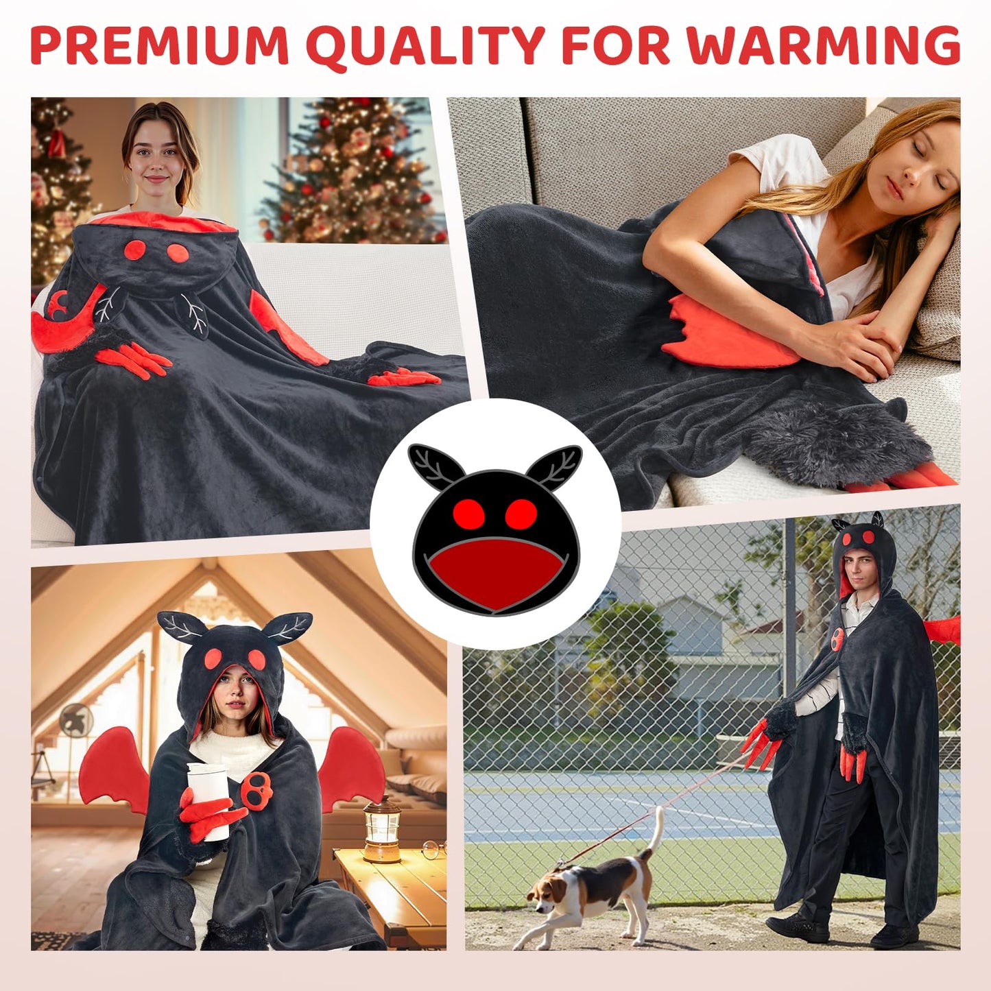 Mewaii Wearable Mothman Blanket Hoodie for Adults, Mothman Costume Hooded Cloak, Warm and Cozy Flannel Cute Animal Blanket Hoodie, Funny Blankets Gifts for Women And Males
