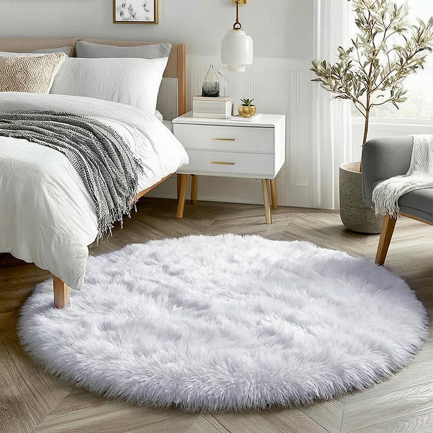 Amdrebio White Fluffy Round Rug 4Ft for Bedroom Aesthetic, Fuzzy Fur Circle Area Rugs for Living Room, Soft Plush Shaggy Shag Carpet for Nursery Dorm, Cute Kids Room Decor for Baby Toddler Teen Girls