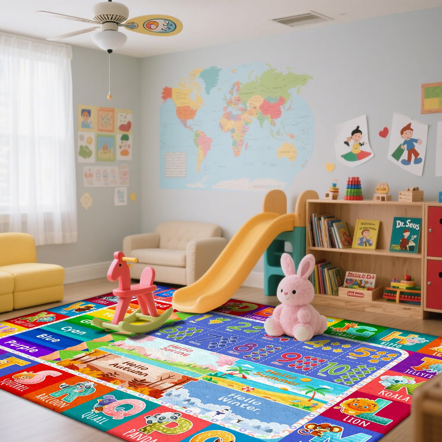 Kids Classroom & Playroom Rug - ABC Alphabet Educational Area Rug with Animals Colors & Numbers - Washable Non-Slip Carpet Playmat for Nursery Preschool & Reading Area 4x6 Feet