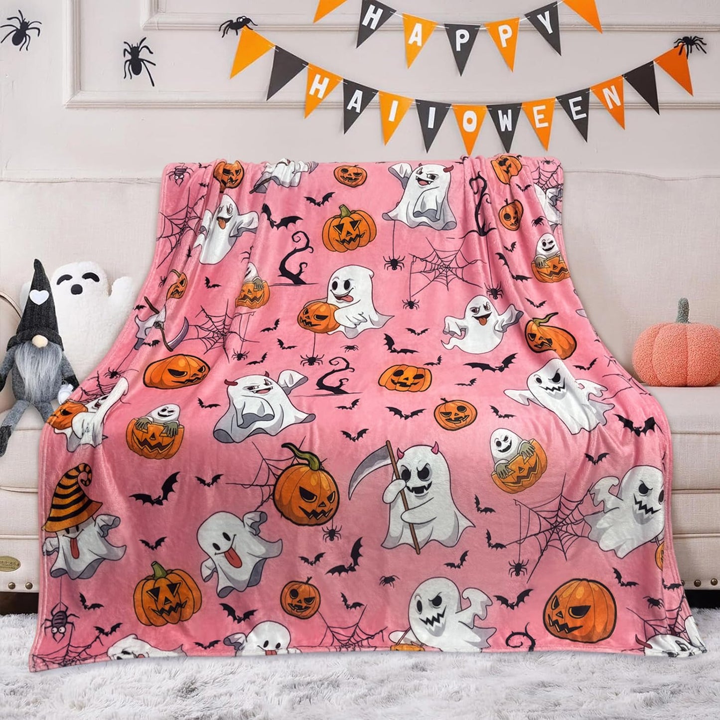 pahhjsa Pink Halloween Throw Blanket 50"x60", Cute Ghost Blanket for Girls Kids Soft Flannel Fleece Halloween Blankets and Throws Decor