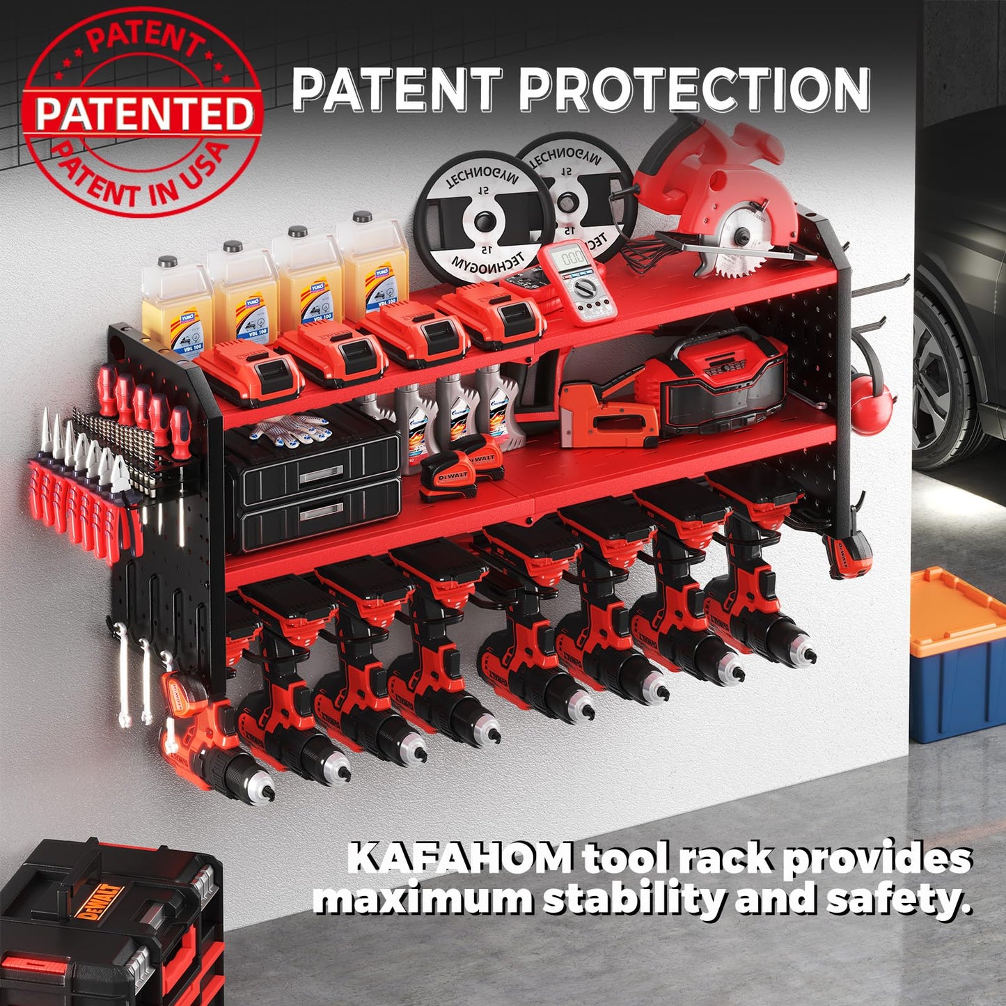 KAFAHOM Power Tool Organizer, Large 8 Drill Holder Wall Mount with 2 Side Pegboards, Heavy Duty Metal Tool Shelf with 12 Hooks, Storage Rack for Garage Organization, Utility Battery Shelves - Red