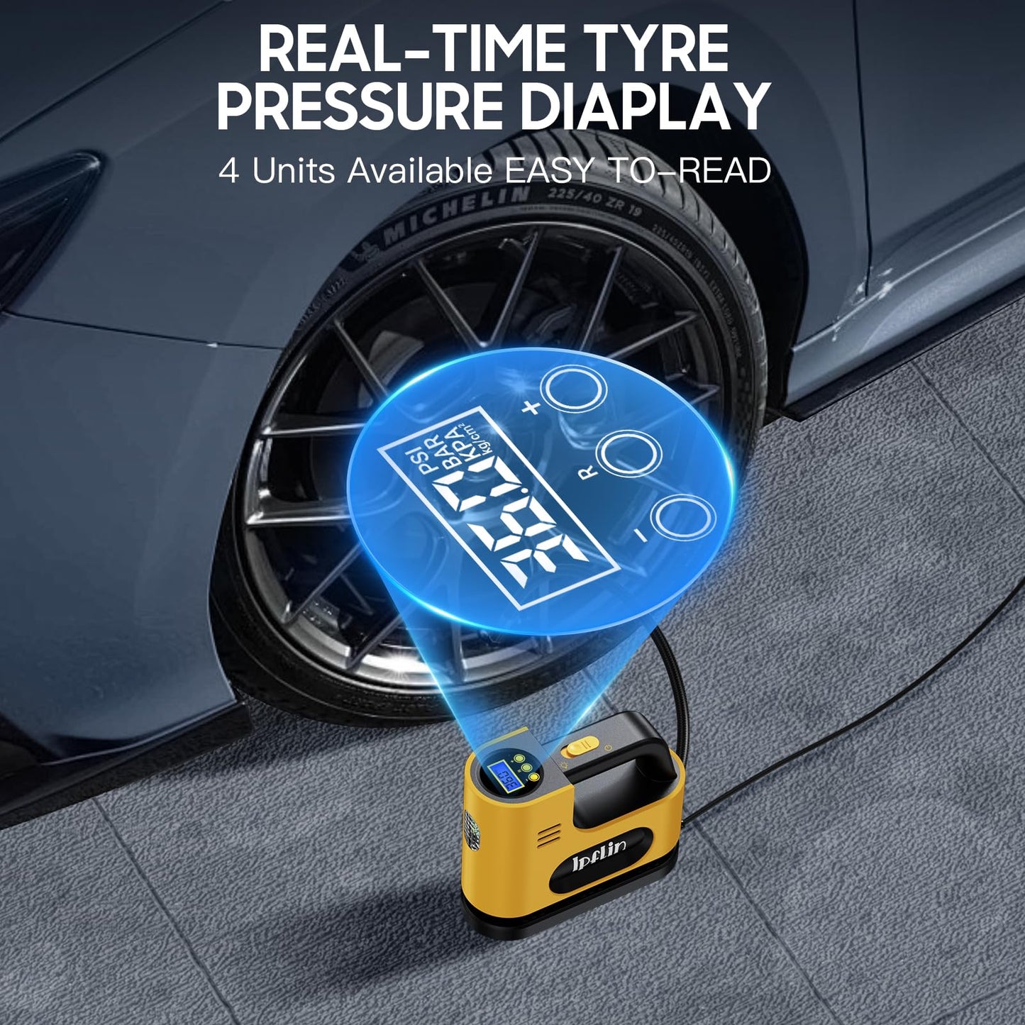Ipflin Tyre Inflator Air Compressor-12V DC,Digital Car Tyre Pump 150 PSI, Preset Tyre Pressure & Auto Shutoff,Digital Air Pump for Car Tyres Bicycles Other Inflatables,Yellow