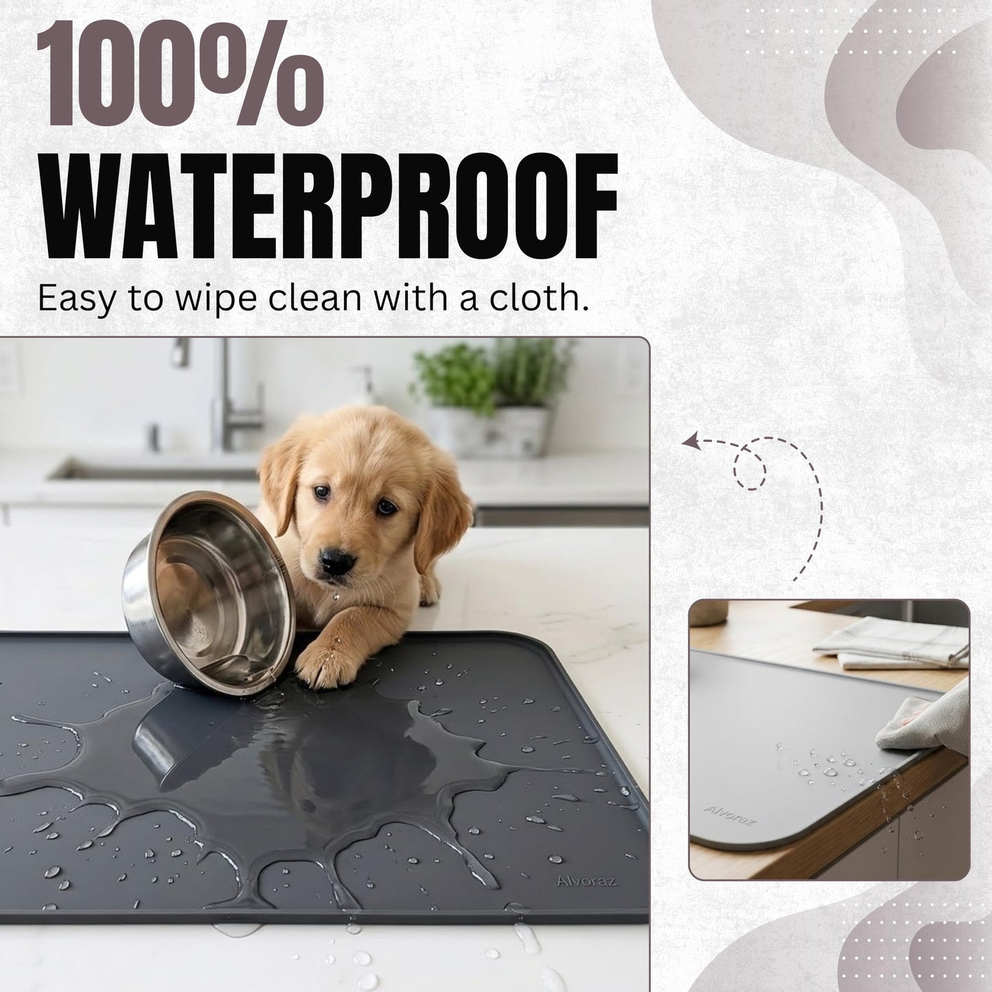 Alvoraz Silicone Pet Feeding Mat 2 Pack 19 x 12 Inch Waterproof Dog & Cat Food Mat with Raised Edge, Non Slip BPA Free Dog Bowl Mat for Food and Water Bowls, Spill Proof Floor Protector (Grey)