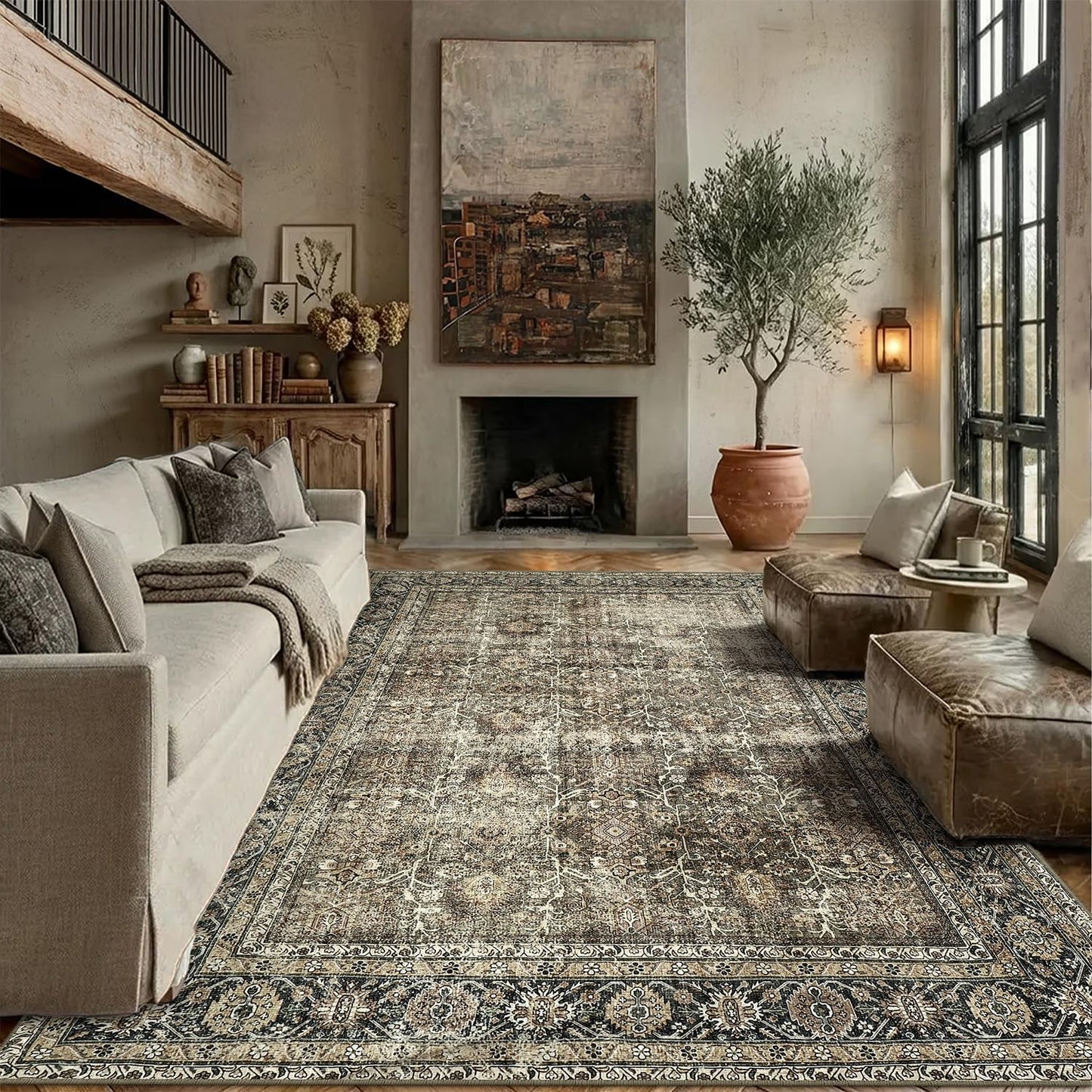 PureCozy Vintage Area Rug 8x10 Brown Washable Living Room Large Carpet Non Slip Bedroom Indoor Office Low Pile Traditional Distressed Retro Accent Rug for Dining Room