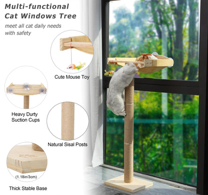 Cat Window Perch with Tall Scratching Posts, Inside 46" Climbing Tree Hammmock Mounted with Suction Cups for Sleeping,Playing and Watching Birds