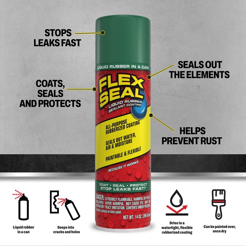 Flex Seal, 14 oz, Green, Stop Leaks Instantly, Waterproof Rubber Spray On Sealant Coating, Perfect for Gutters, Wood, RV, Campers, Roof Repair, Skylights, Windows, and More