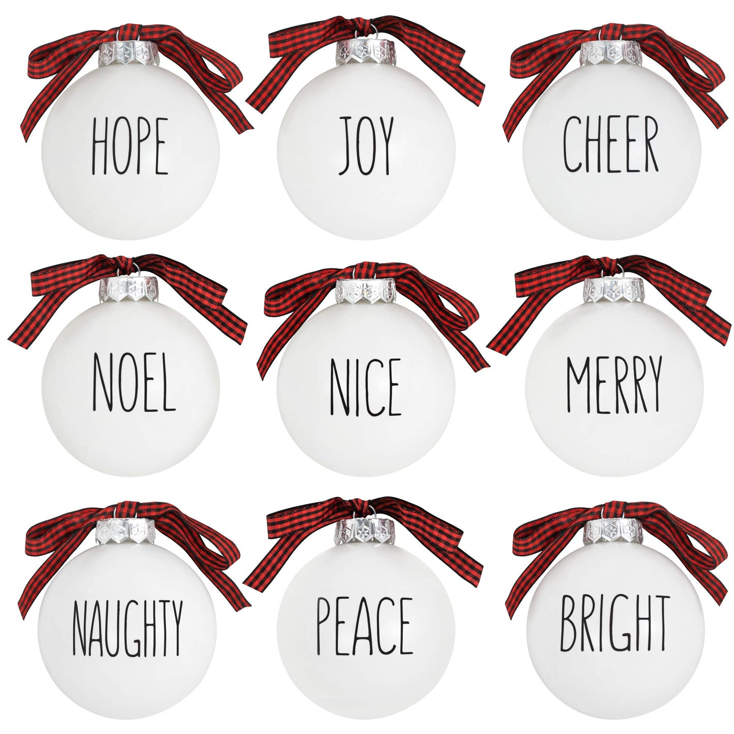 Buffalo Plaid Christmas Tree Ornaments - Set of 9 Shatterproof Bulbs - Farmhouse Word Ornaments - Compatible with Rae Dunn Rustic Decorations - Matte White Bulbs with Red & Black Buffalo Check Bows