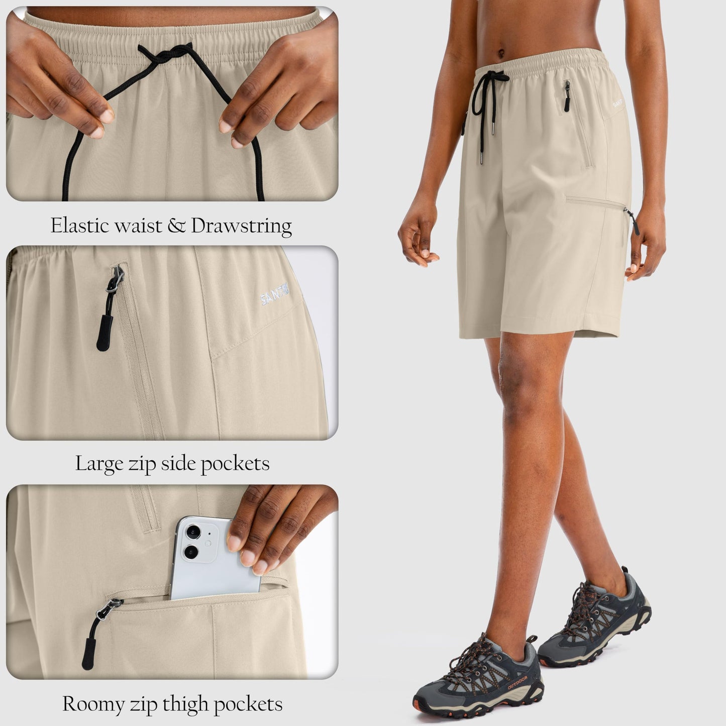 SANTINY Women's 5''/ 7''/9'' Hiking Cargo Shorts Quick Dry Lightweight Summer Shorts for Women Athletic Golf Zipper Pockets(Khaki_XL)