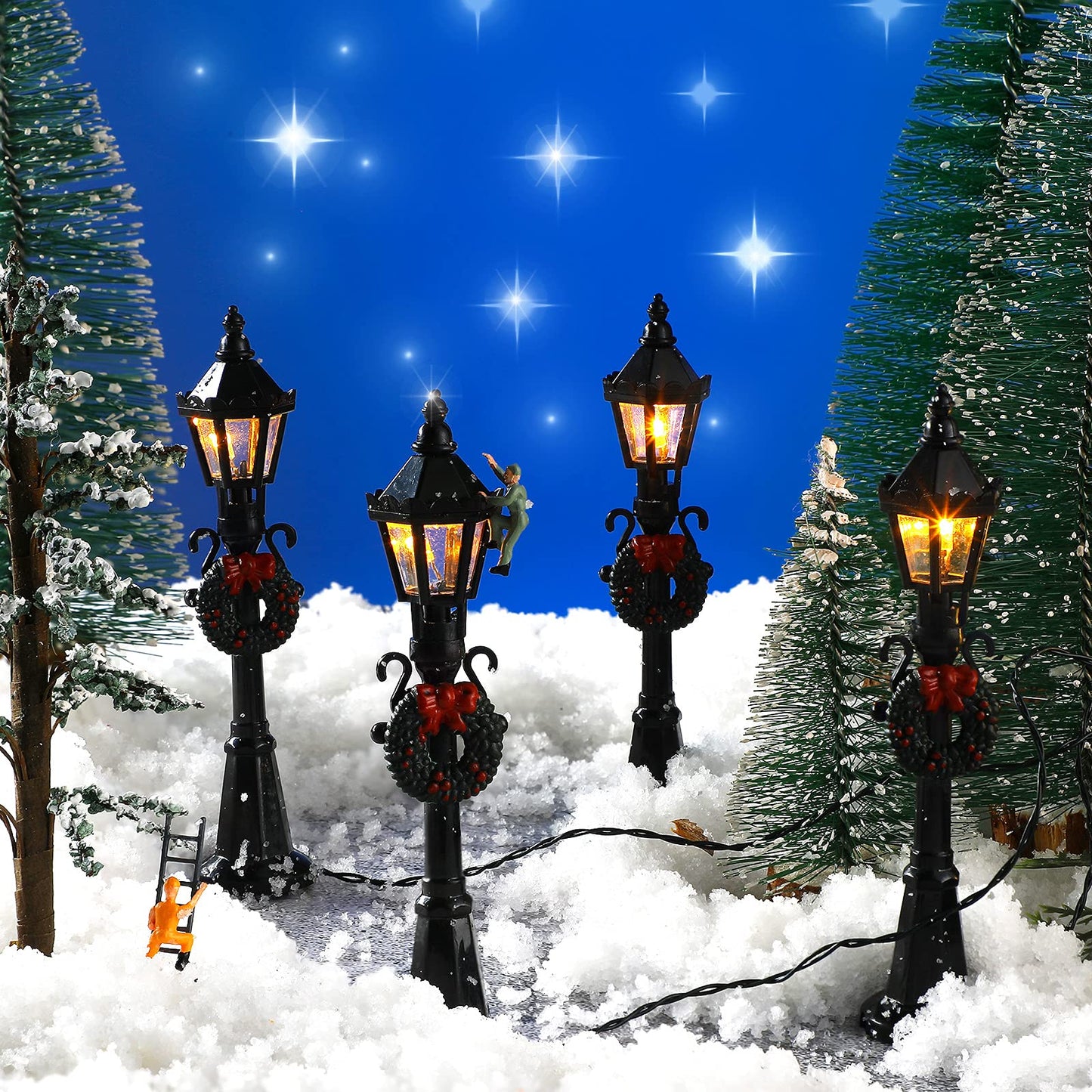 Christmas Lamp Post Village Accessories Village Fairy Lamp Train Lantern Lamp Miniature Street Lamp Decorative Street Lights for DIY Dollhouse Village Pathway (Classic Style, 4 Pieces)