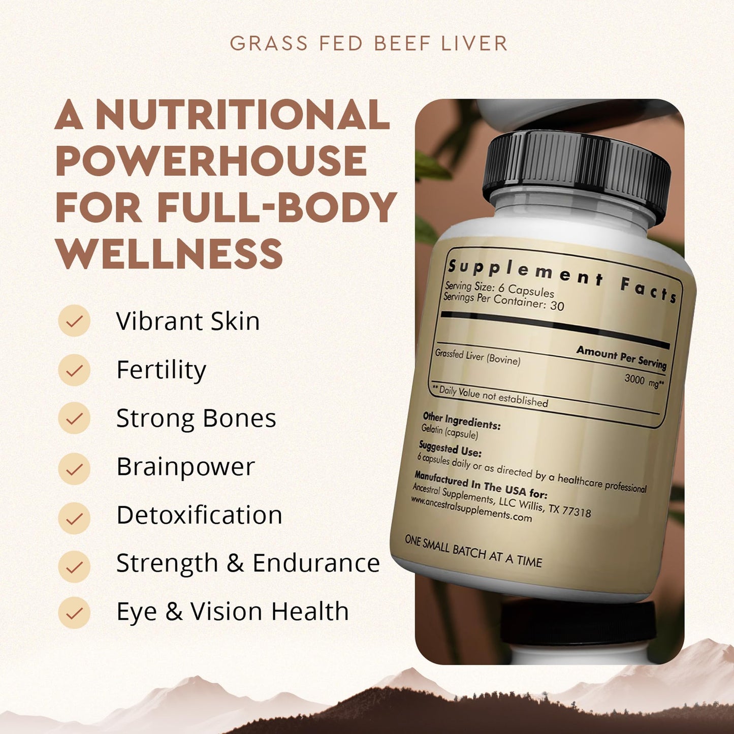 Ancestral Supplements Grass Fed Beef Liver 180 Capsules, Supports Energy Production, Detoxification, Digestion, Immunity and Full Body Wellness, Non-GMO, Freeze Dried Liver Health Supplement