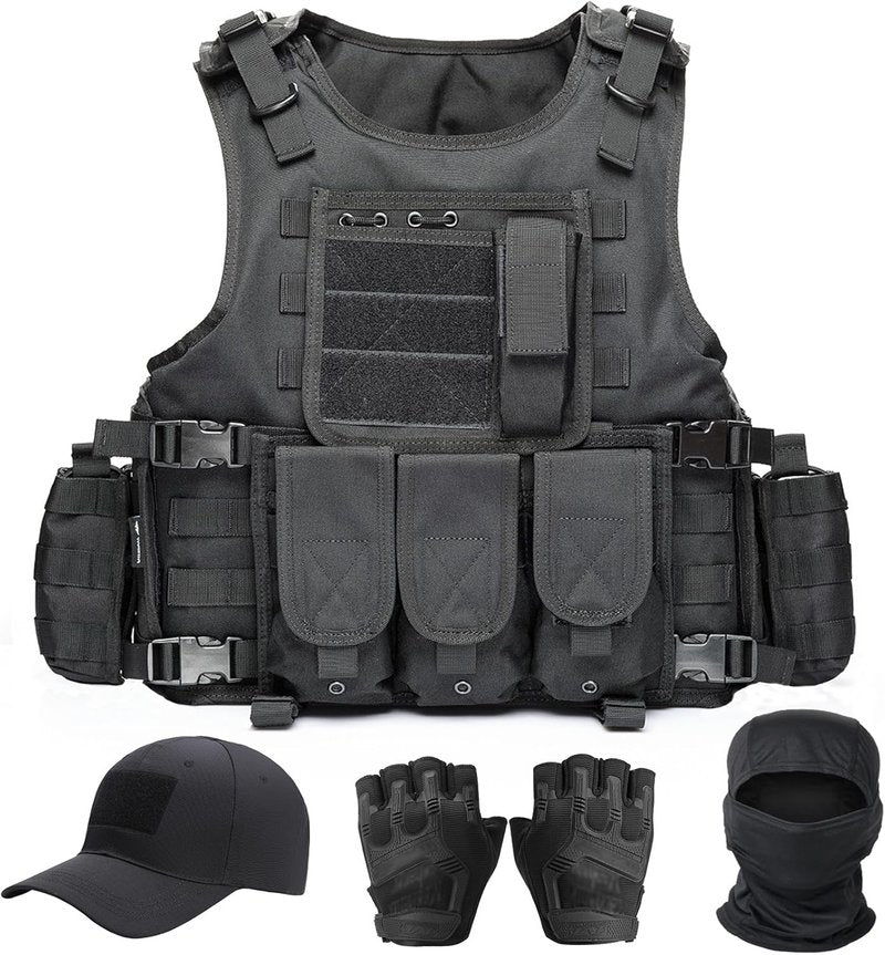 Tactical Vest for Men - Black Molle Airsoft Gear with Cap | Durable & Lightweight